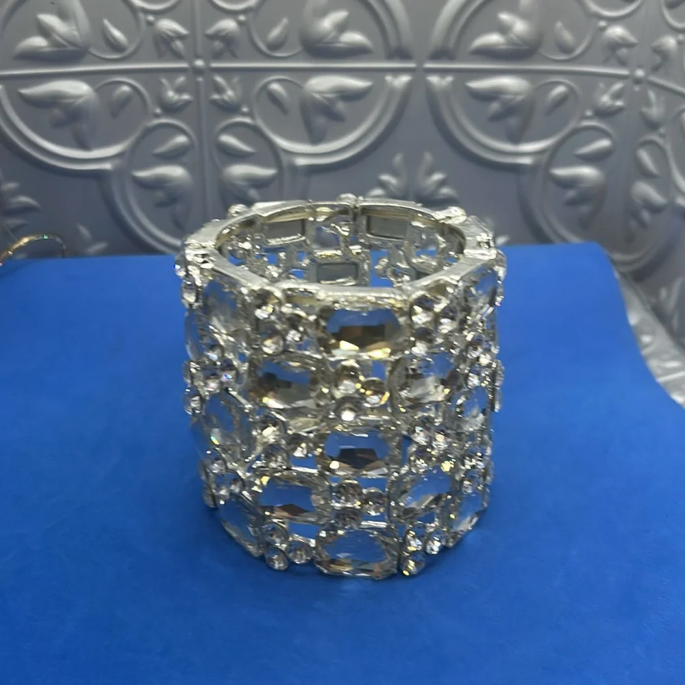 📌 📍 Wide Wedding Bridal Crystal Rhinestone Stretch‎ Chunky Statement Bangle B…